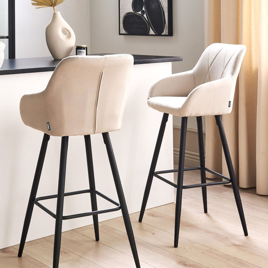 Bar Stool Set Of 2 Light Beige Upholstered With Arms Quilted Backrest