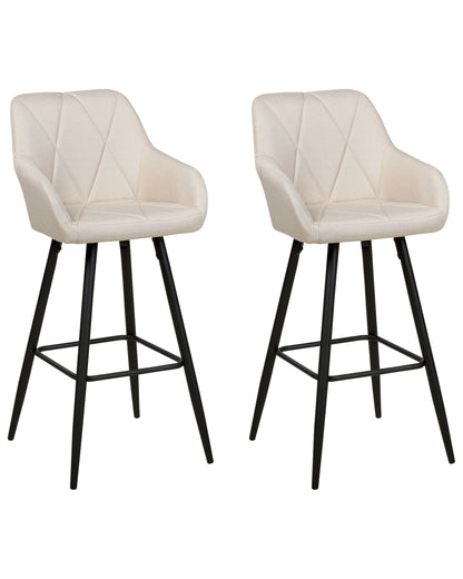 Bar Stool Set Of 2 Light Beige Upholstered With Arms Quilted Backrest