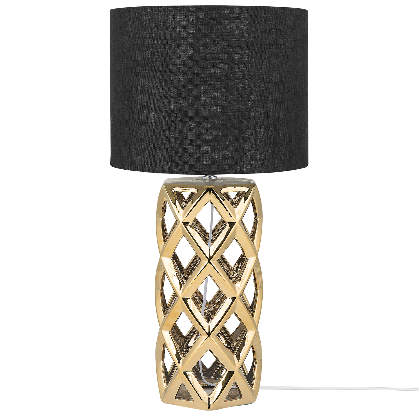Table Lamp Golden Base Black Drum Shade Ceramic