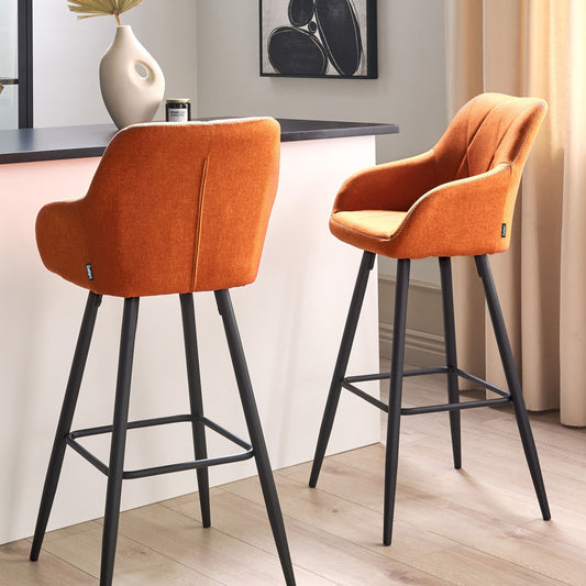 Signature Set Of 2 Orange Fabric Upholstered Bar Stools With Arms And Quilted Backrest Black Metal Legs