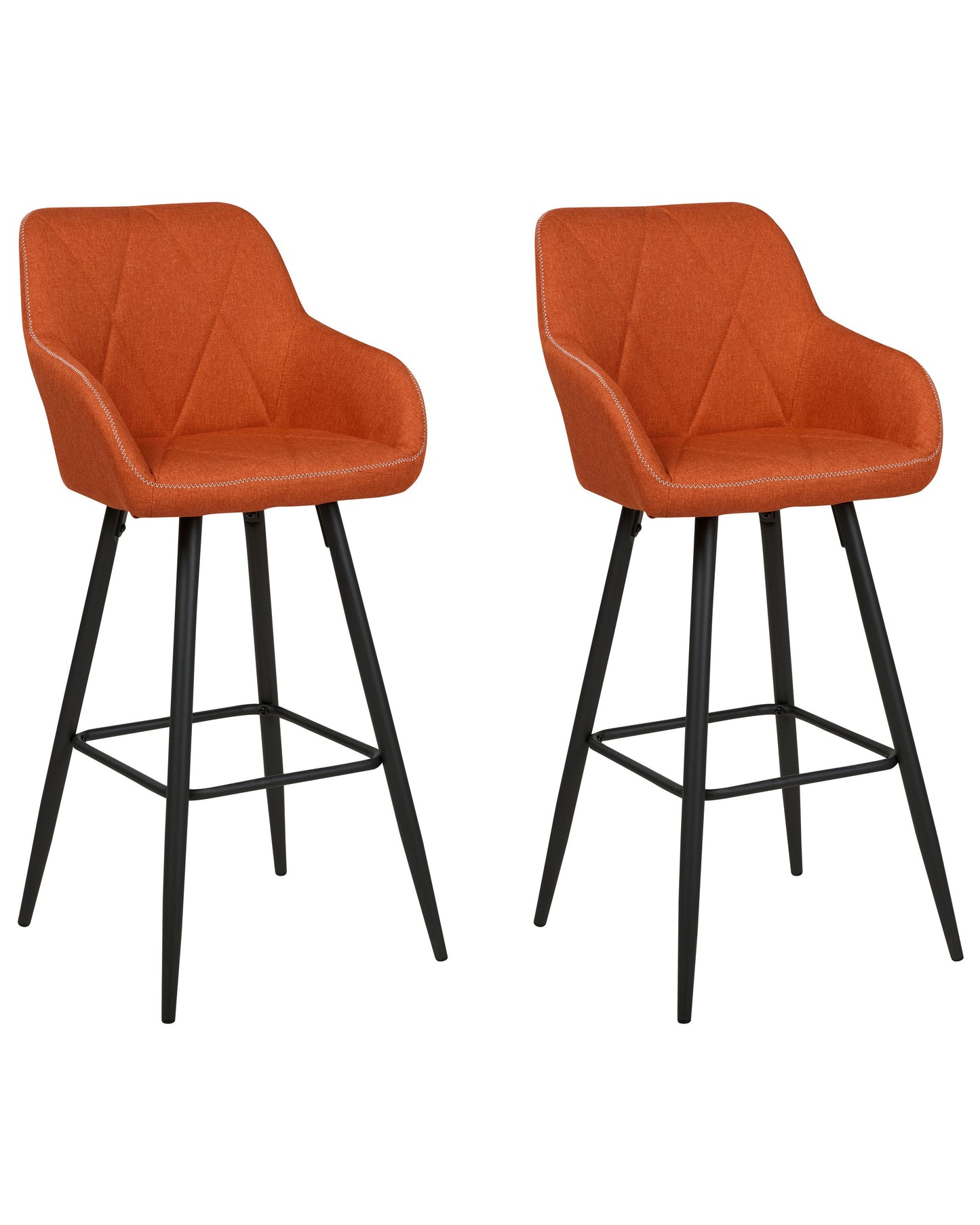 Signature Set Of 2 Orange Fabric Upholstered Bar Stools With Arms And Quilted Backrest Black Metal Legs