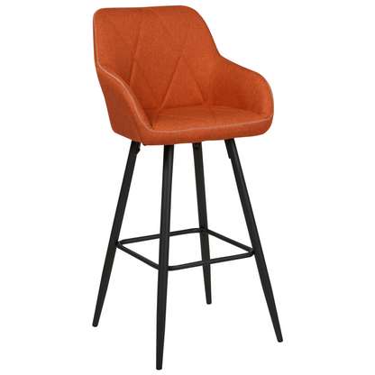 Signature Set Of 2 Orange Fabric Upholstered Bar Stools With Arms And Quilted Backrest Black Metal Legs