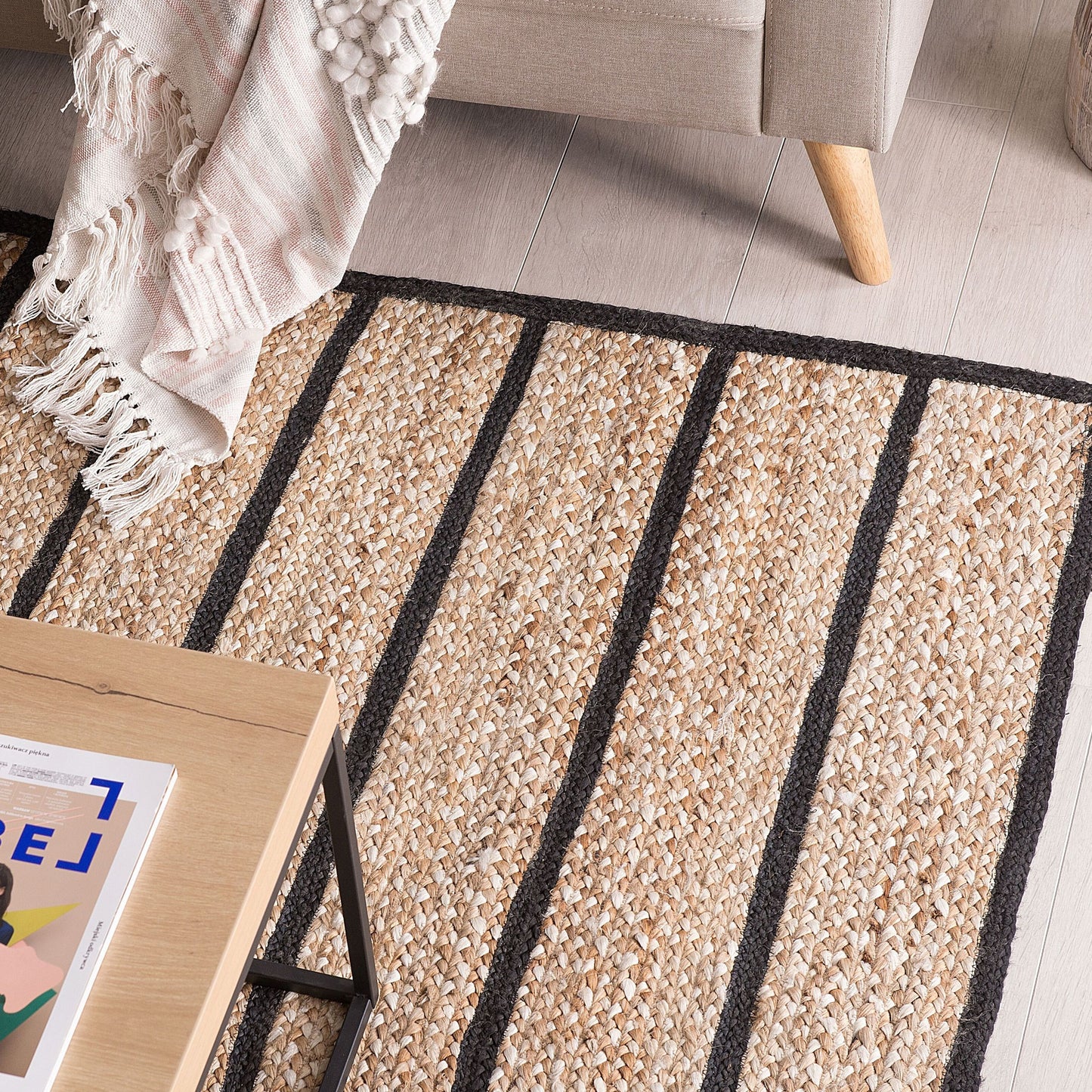 Area Rug Black Beige Cotton Jute 140 x 200cm Boho Rustic