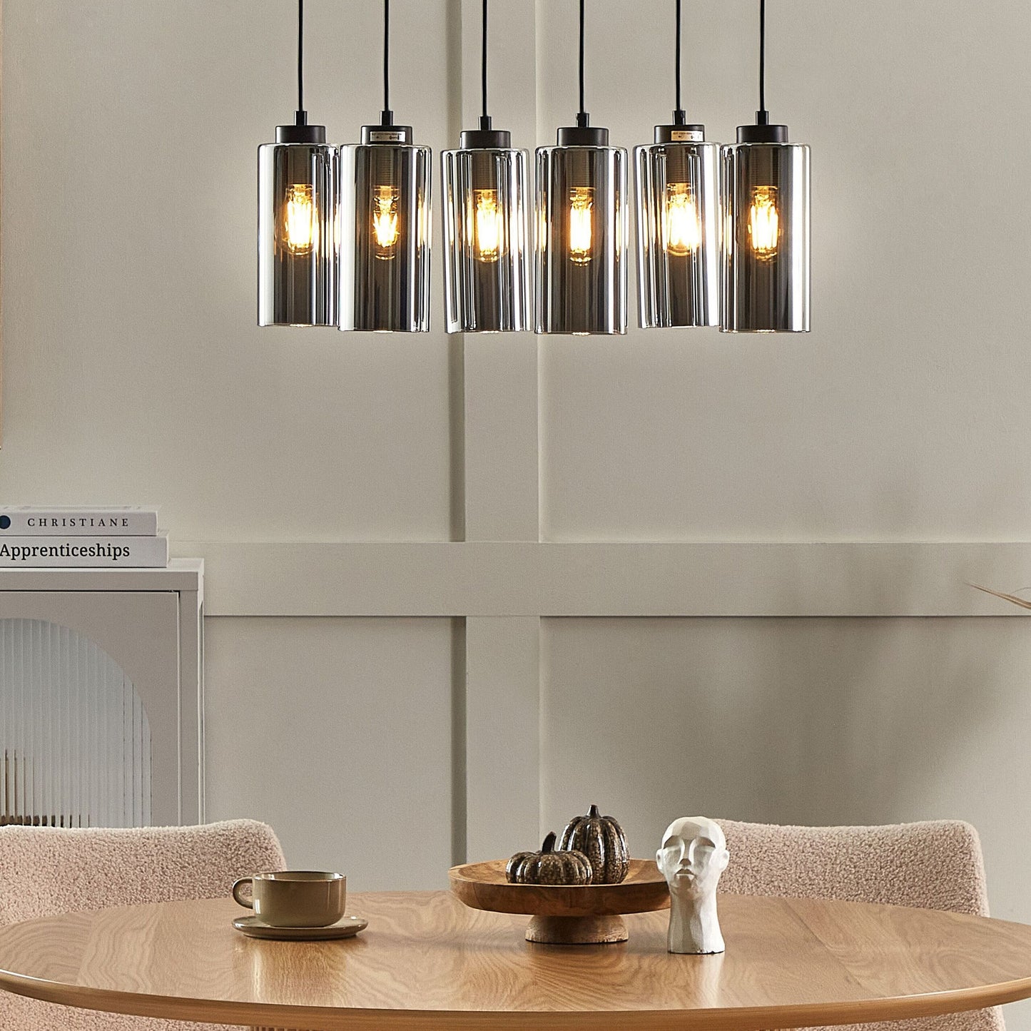 Hanging Lamp Grey Black Iron Base Glass Smoked Shade 6-Light