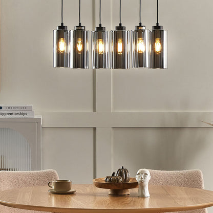 Hanging Lamp Grey Black Iron Base Glass Smoked Shade 6-Light
