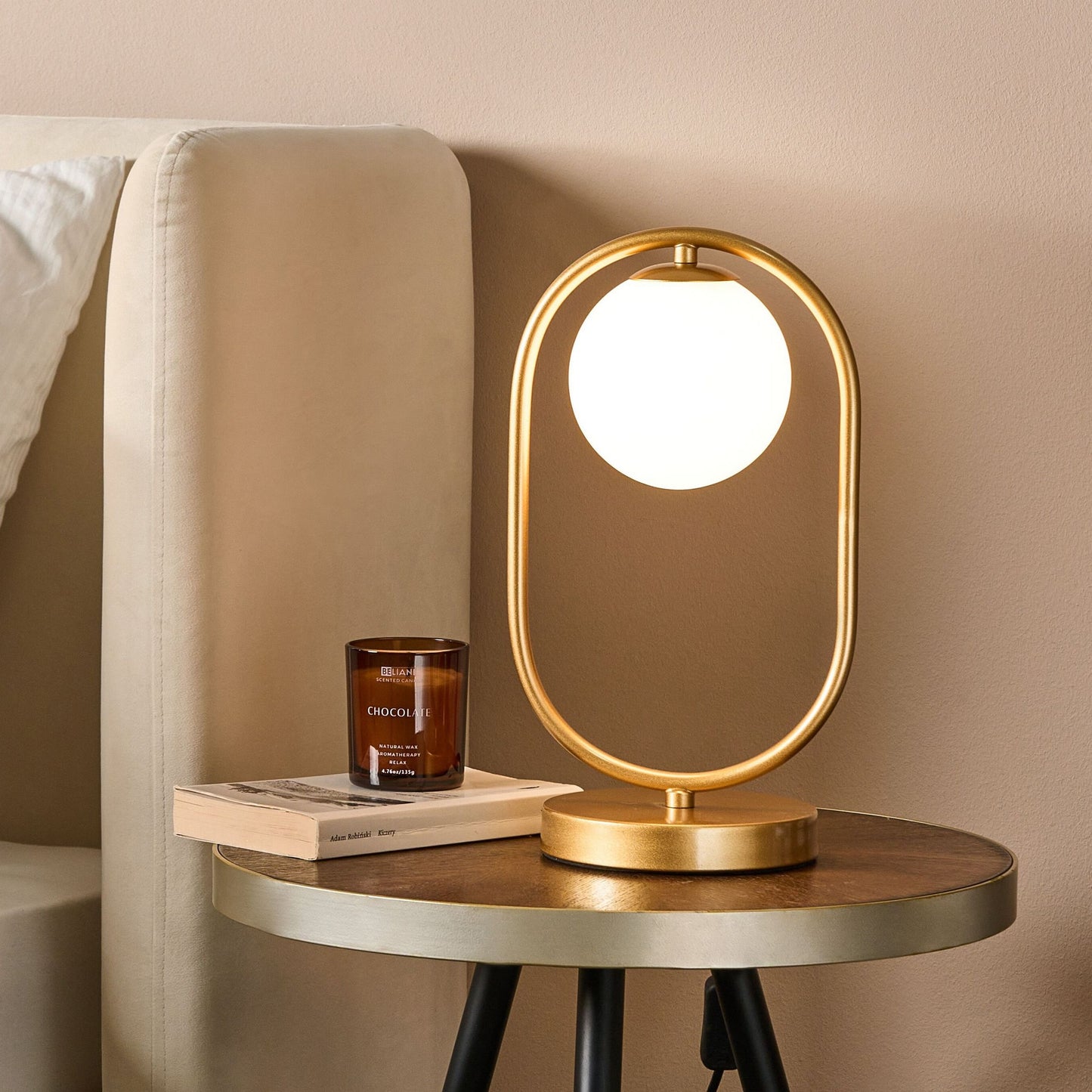 Table Lamp Gold Glass Shade Iron Rod Frame Modern