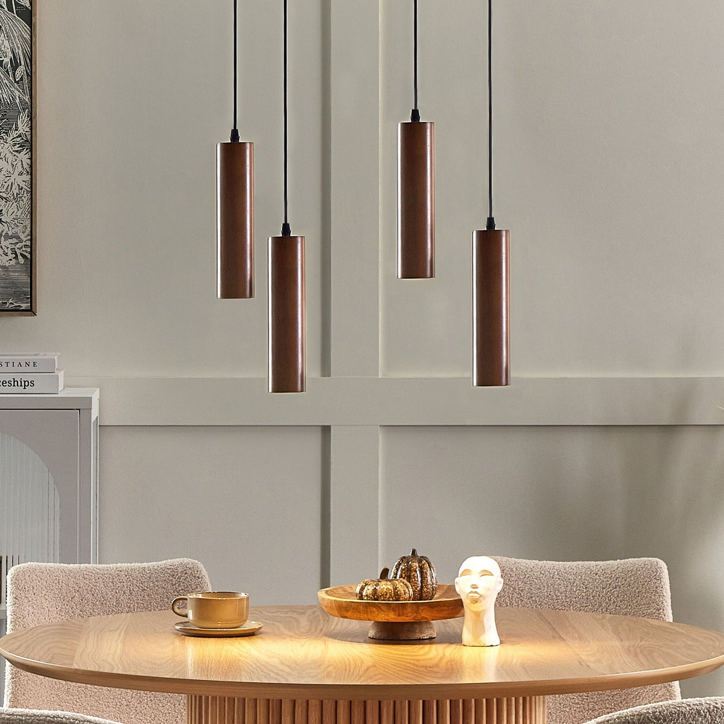 Oak Iron Hanging Lamp 4 Light Dark Brown Oak Wood Shade Iron Base