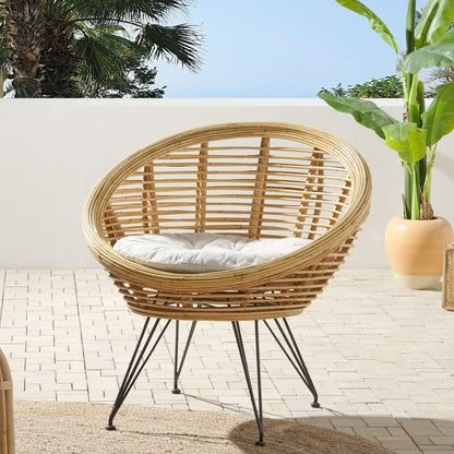 Chair Natural Rattan Light Beige Cushion Black Iron Legs
