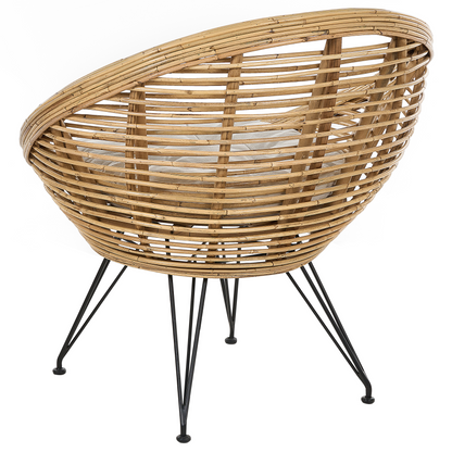 Chair Natural Rattan Light Beige Cushion Black Iron Legs