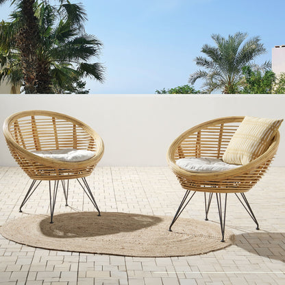 Set Of 2 Natural Rattan Chairs With Beige Cotton Cushions Iron Legs For Indoor Outdoor Patio