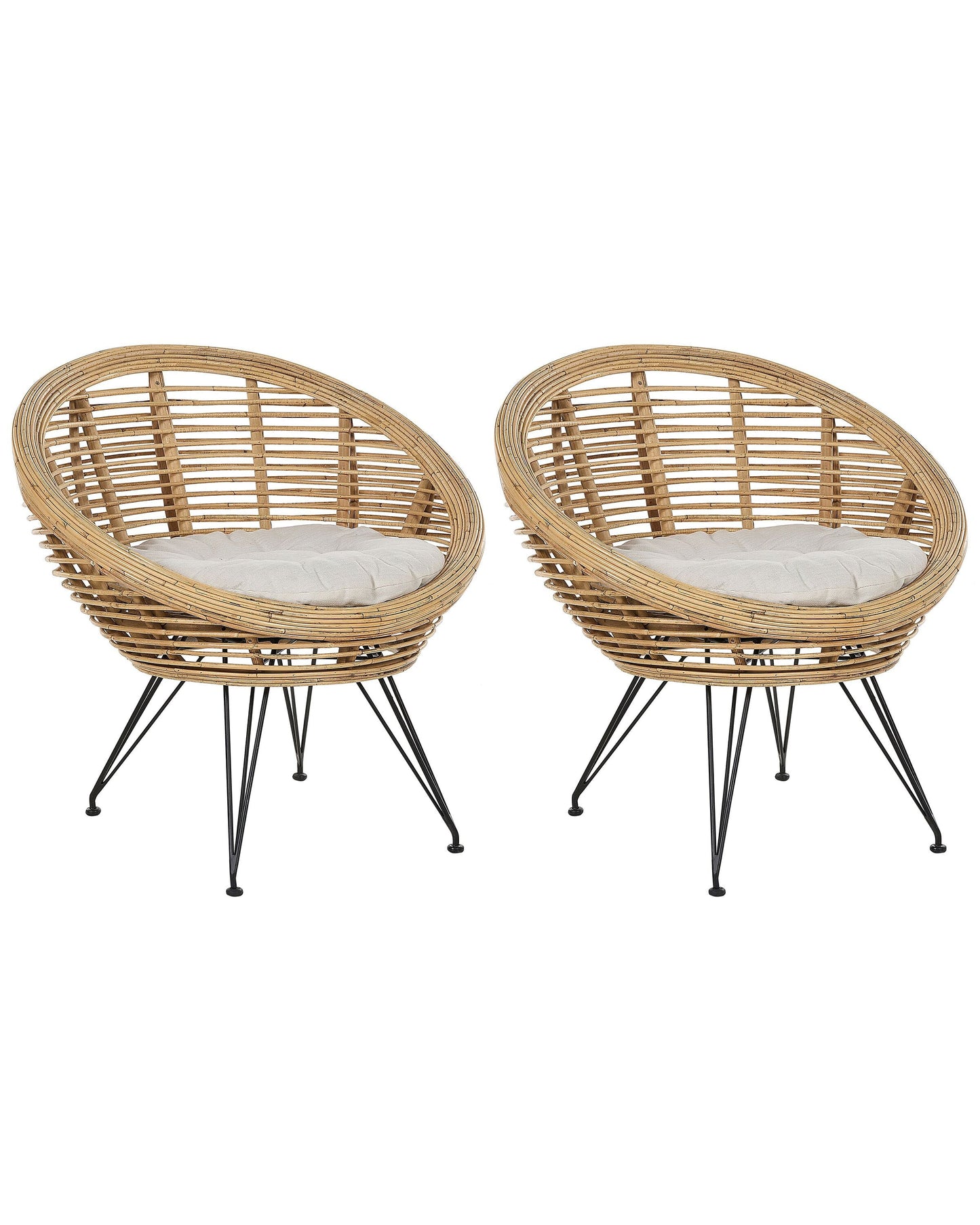 Set Of 2 Natural Rattan Chairs With Beige Cotton Cushions Iron Legs For Indoor Outdoor Patio