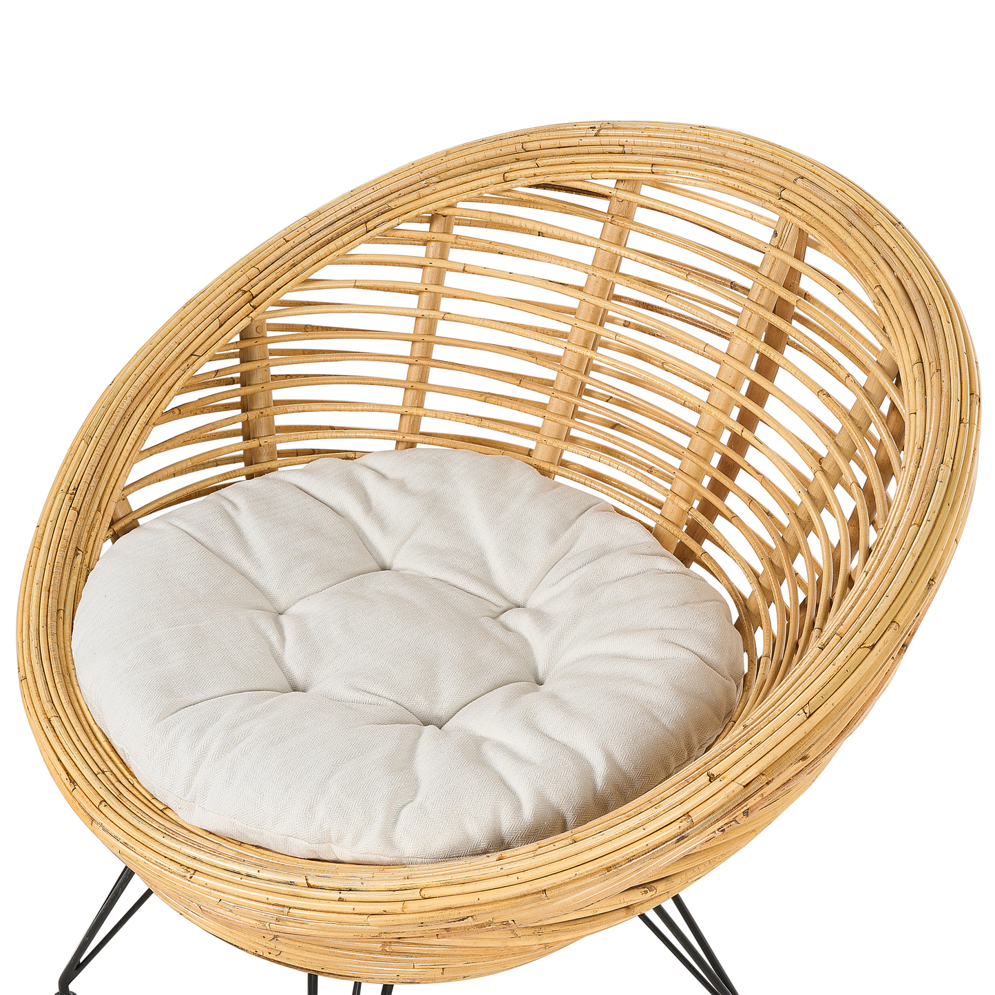 Set Of 2 Natural Rattan Chairs With Beige Cotton Cushions Iron Legs For Indoor Outdoor Patio