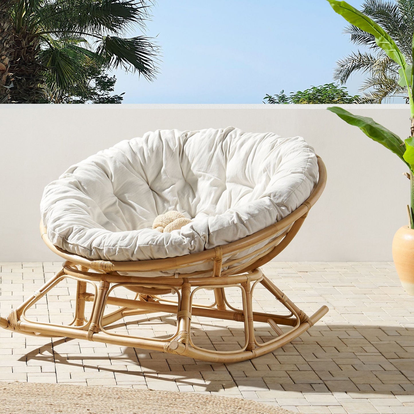 Rocking Chair Natural Rattan Beige Cushions Indoor Outdoor