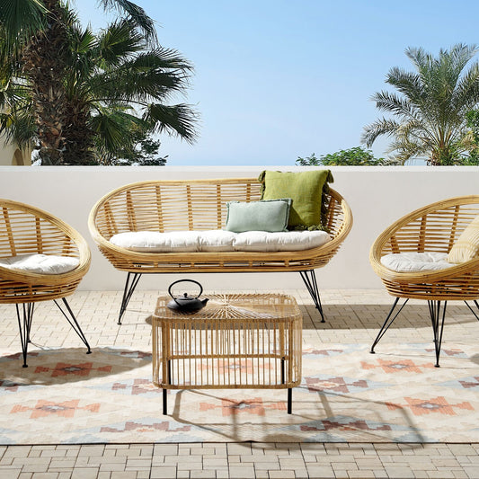 4 Seater Rattan Sofa Set With Coffee Table Natural Rattan And Light Beige Cushions Indoor Outdoor