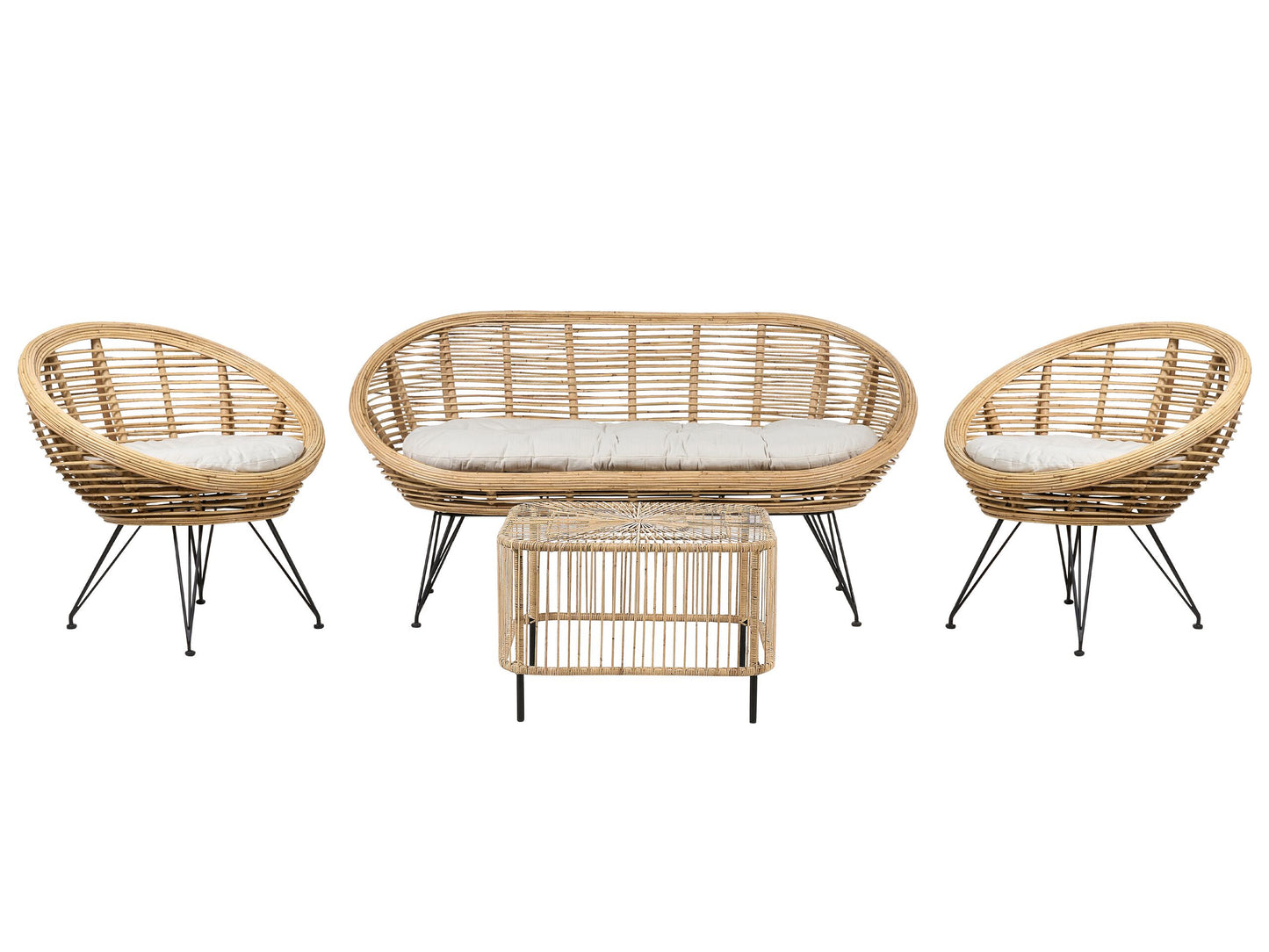 4 Seater Rattan Sofa Set With Coffee Table Natural Rattan And Light Beige Cushions Indoor Outdoor