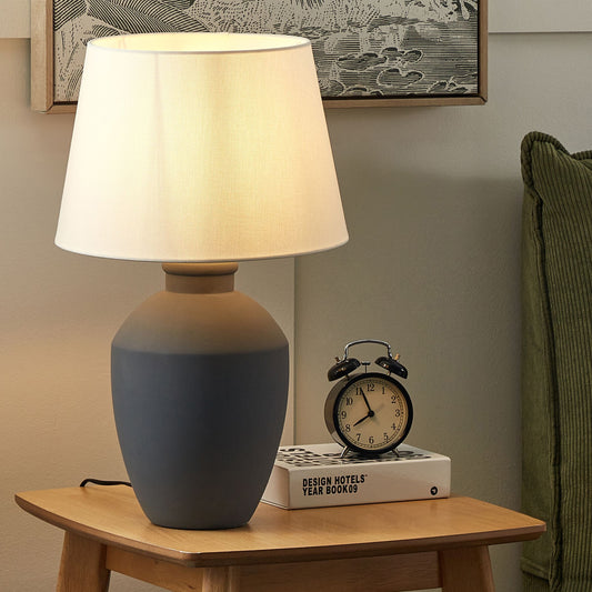 Grey Ceramic Table Lamp With Linen Drum Shade