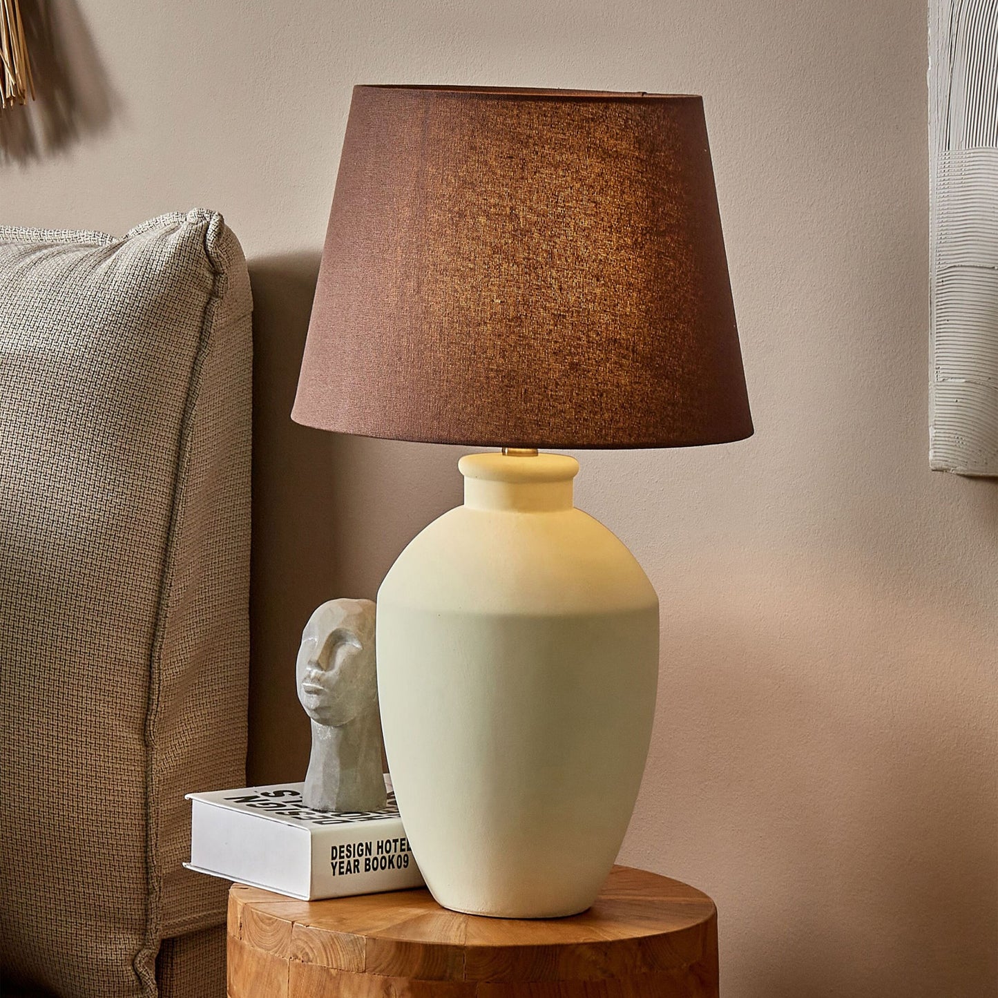 Table Lamp White Ceramic Base Linen Drum Shade Minimalist