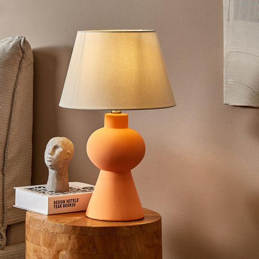 Orange Ceramic Base Table Lamp With Linen Drum Shade Minimalist Design For Living Room