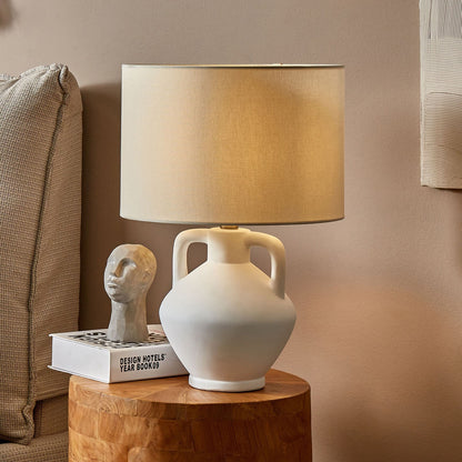 Table Lamp White Ceramic Base Linen Drum Shade Minimalist