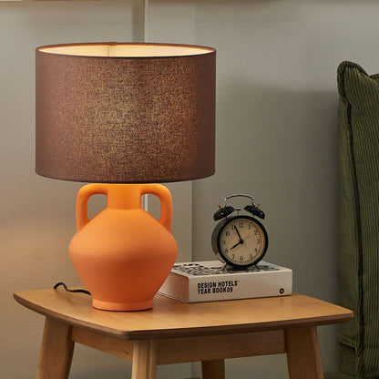 Table Lamp Orange Ceramic Base Linen Drum Shade
