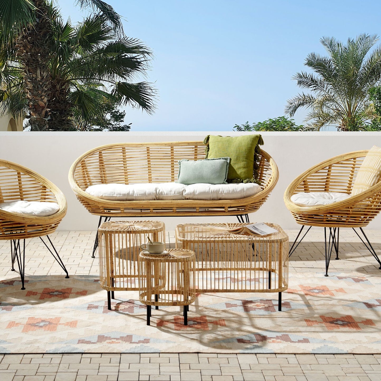 Rattan 4 Seater Beige Cushions Sofa Set With Coffee Tables