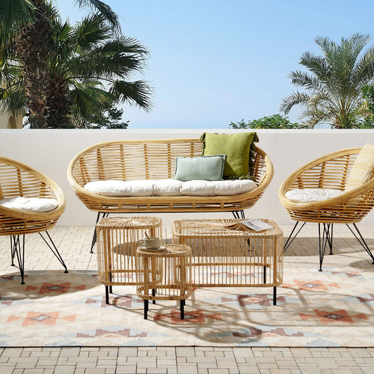 Rattan 4 Seater Beige Cushions Sofa Set With Coffee Tables