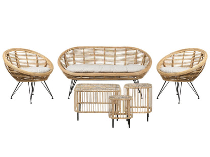 Rattan 4 Seater Beige Cushions Sofa Set With Coffee Tables