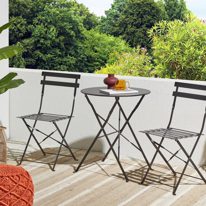 Black Metal Folding 3-Piece Bistro Set With Slatted Seats