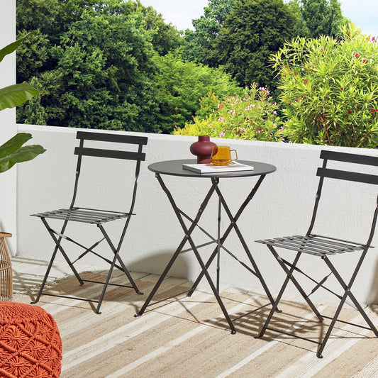 Black Metal Folding 3-Piece Bistro Set With Slatted Seats