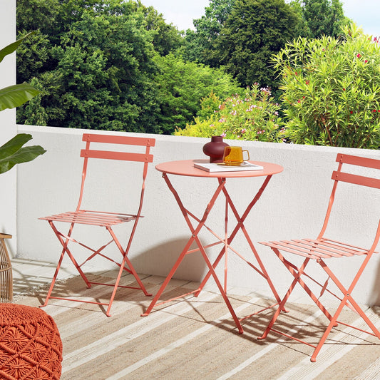 Coral Red 3 Piece Folding Metal Bistro Set Outdoor
