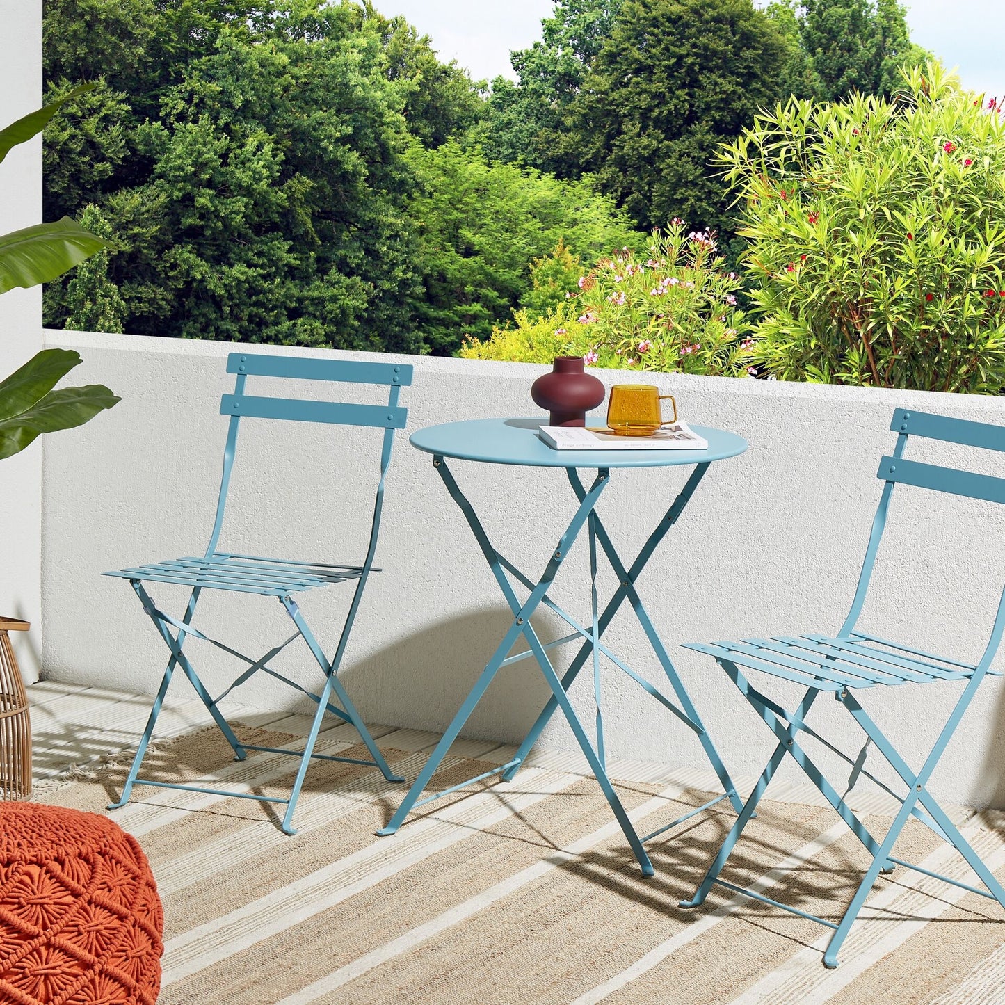 3 Piece Metal Folding Bistro Set With Slatted Back Outdoor