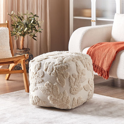 Pouffe Beige Cotton 45cm Tufted Boho Style With EPS Filling