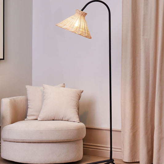 Floor Lamp Rattan 148cm Adjustable Shade Black Metal Leg