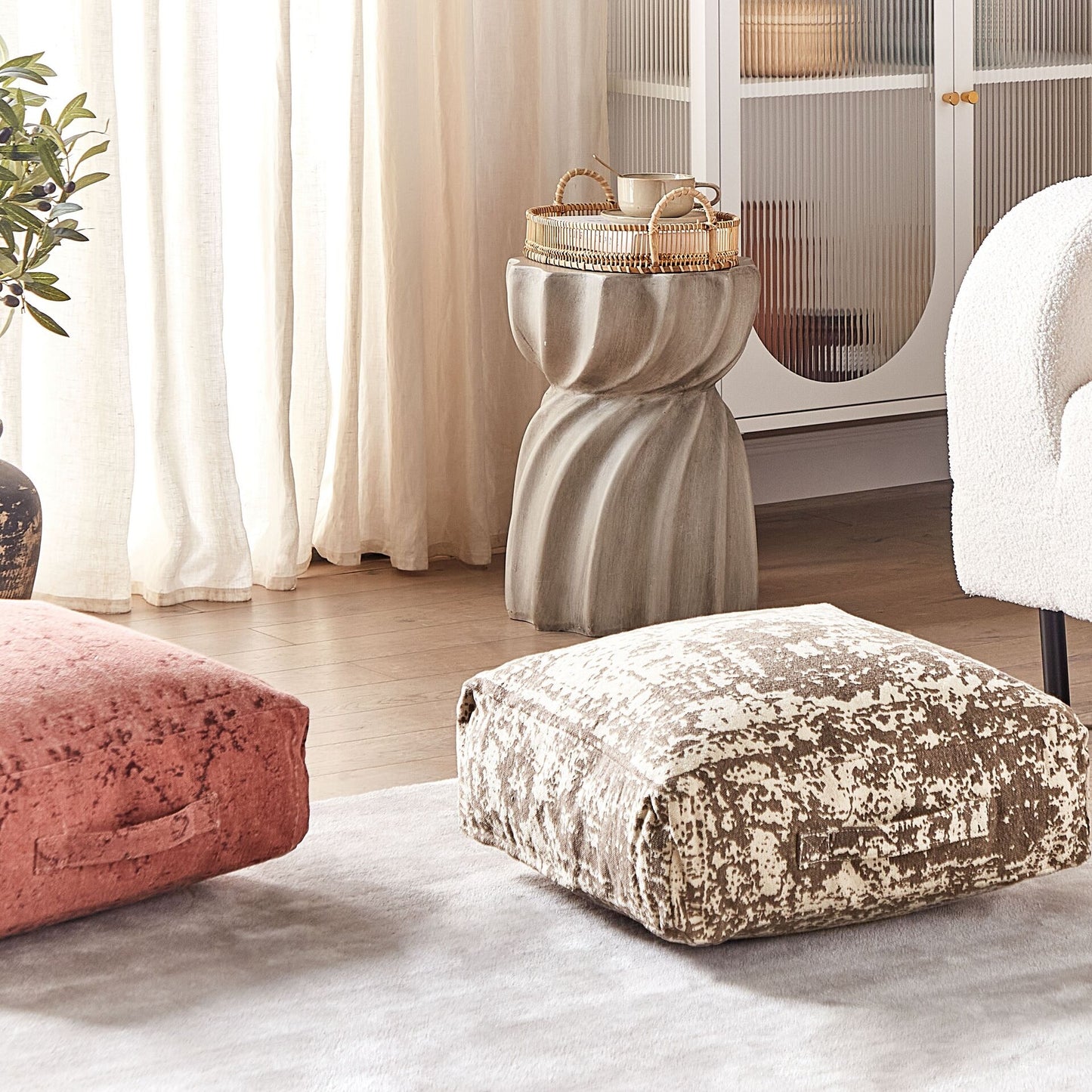 Floor Cushion 50 x 50cm Beige Brown Abstract Pattern Pouffe