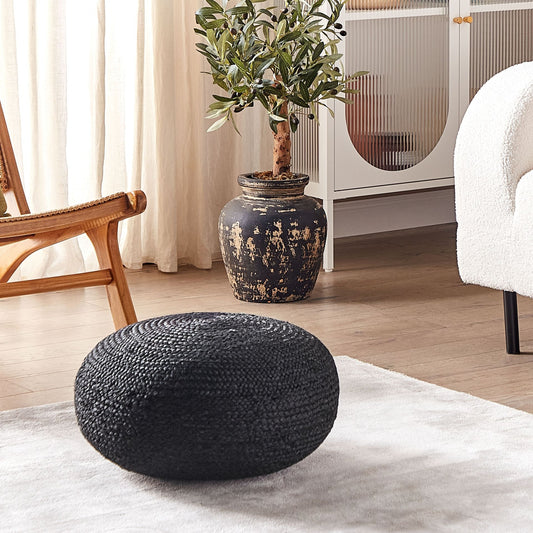 Jute Pouffe 50cm Black Round Boho Ottoman EPS Fill