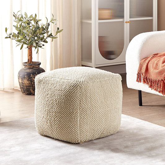 Beige Cotton Pouffe 45 x 45 x 45cm Solid Pattern Square Fabric Seating Ottoman