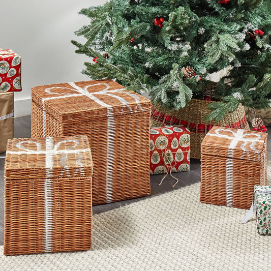 Rattan Storage Gift Boxes Set of 3 Brown Square Decor