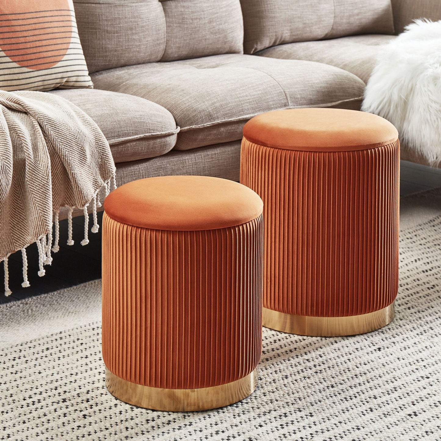 Set Of 2 Orange Velvet Storage Pouffes With Gold Base Modern Tufted Accent