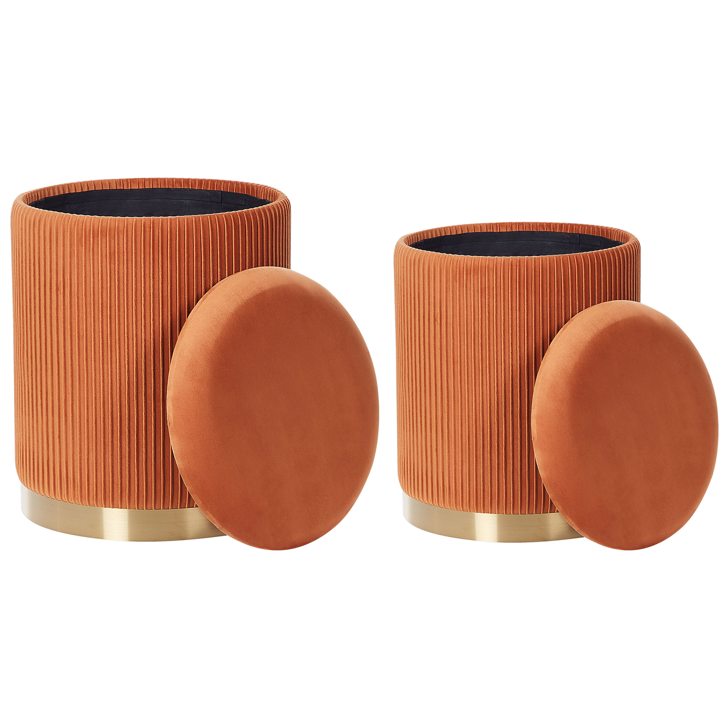 Set Of 2 Orange Velvet Storage Pouffes With Gold Base Modern Tufted Accent