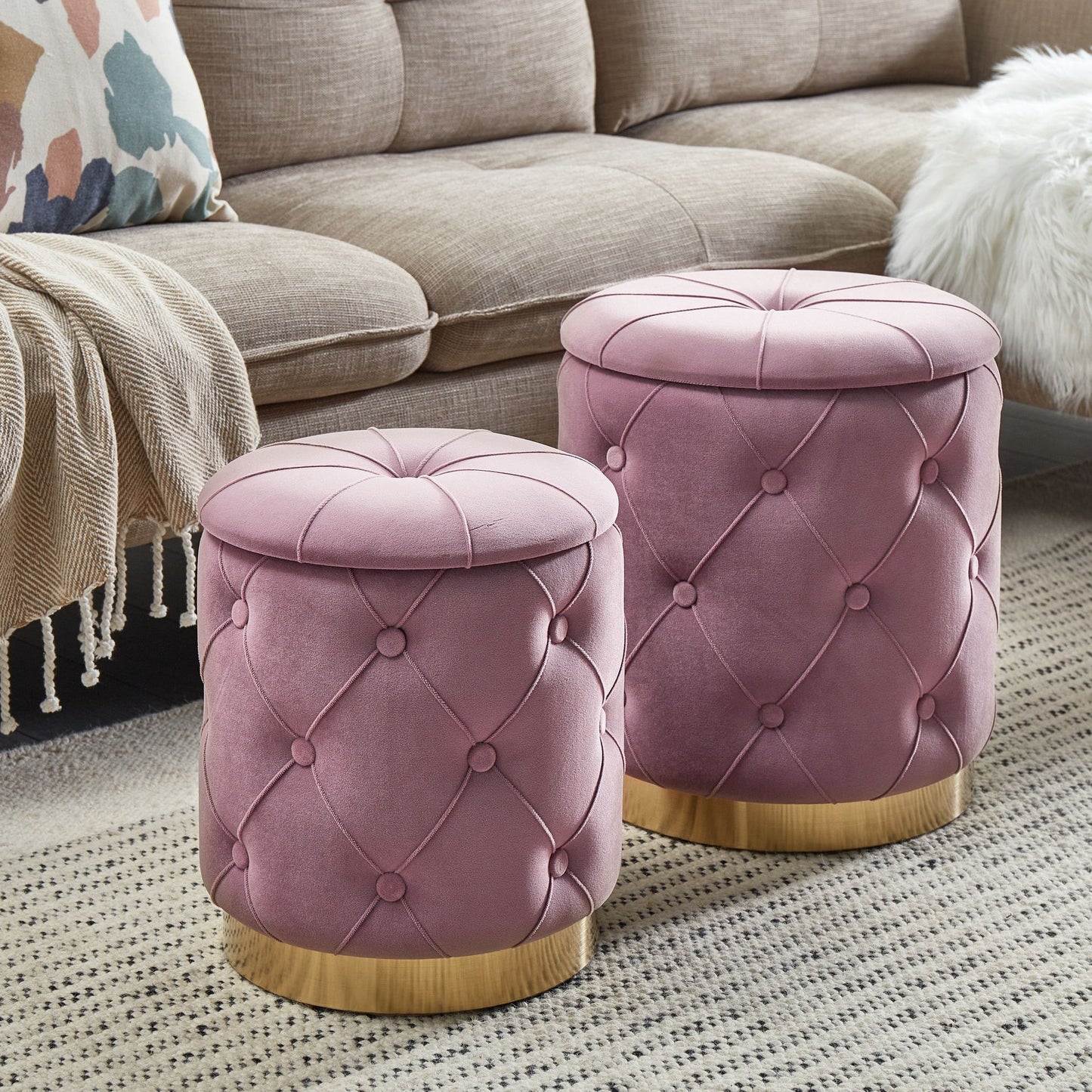 Pink Velvet Button Tufted Storage Pouffes Set Golden Base