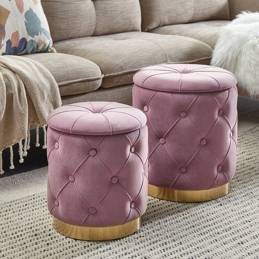 Pink Velvet Button Tufted Storage Pouffes Set Golden Base