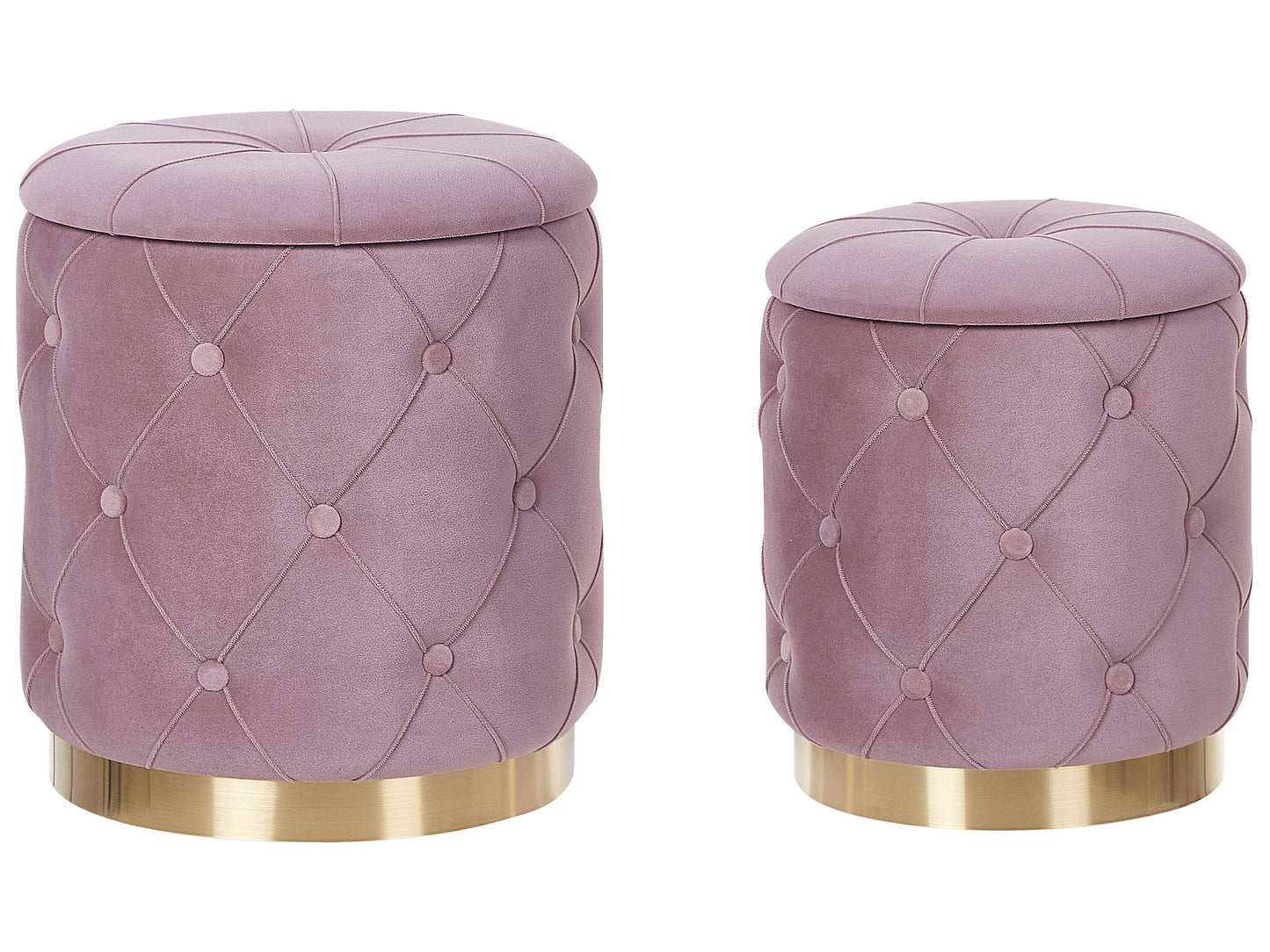 Pink Velvet Button Tufted Storage Pouffes Set Golden Base