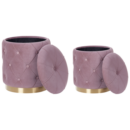 Pink Velvet Button Tufted Storage Pouffes Set Golden Base