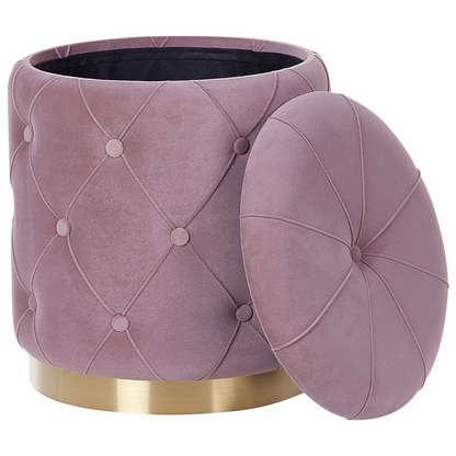 Pink Velvet Button Tufted Storage Pouffes Set Golden Base