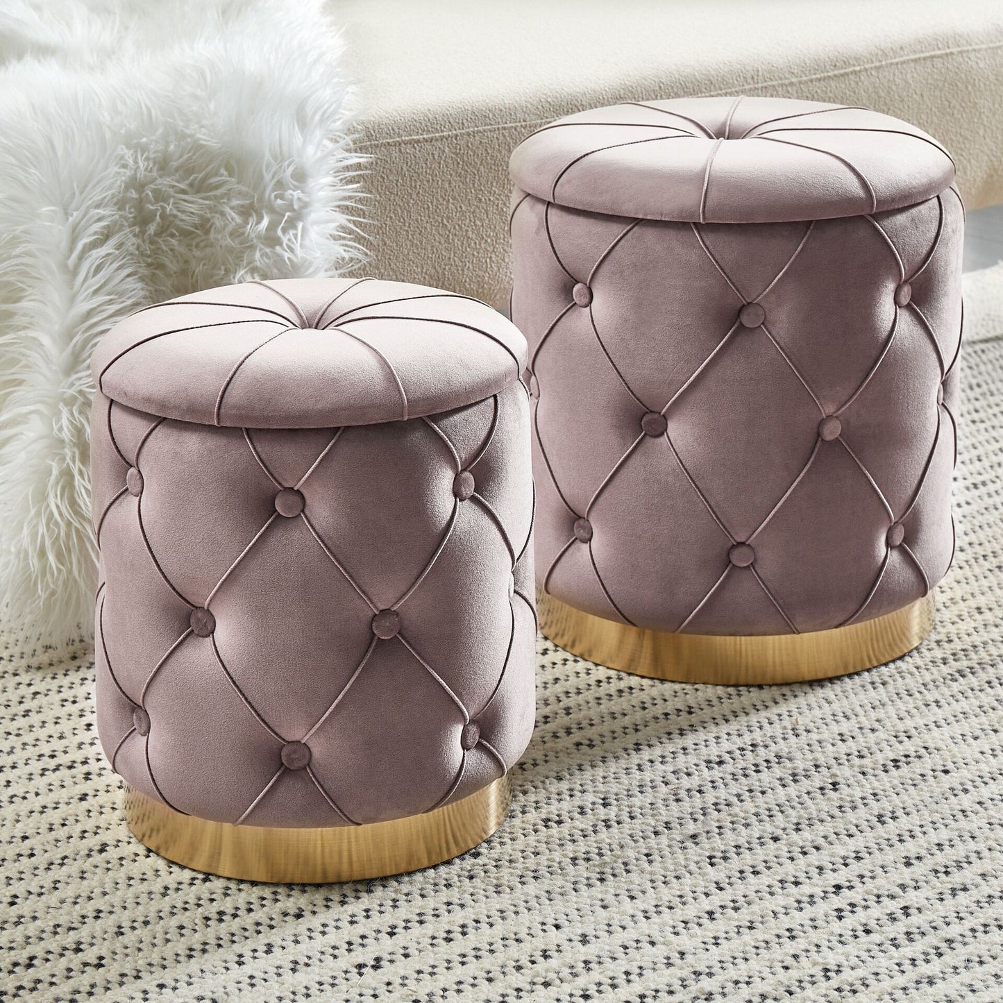 Taupe Storage Pouffes With Button Tufting And Golden Base