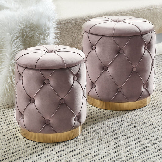 Taupe Storage Pouffes With Button Tufting And Golden Base
