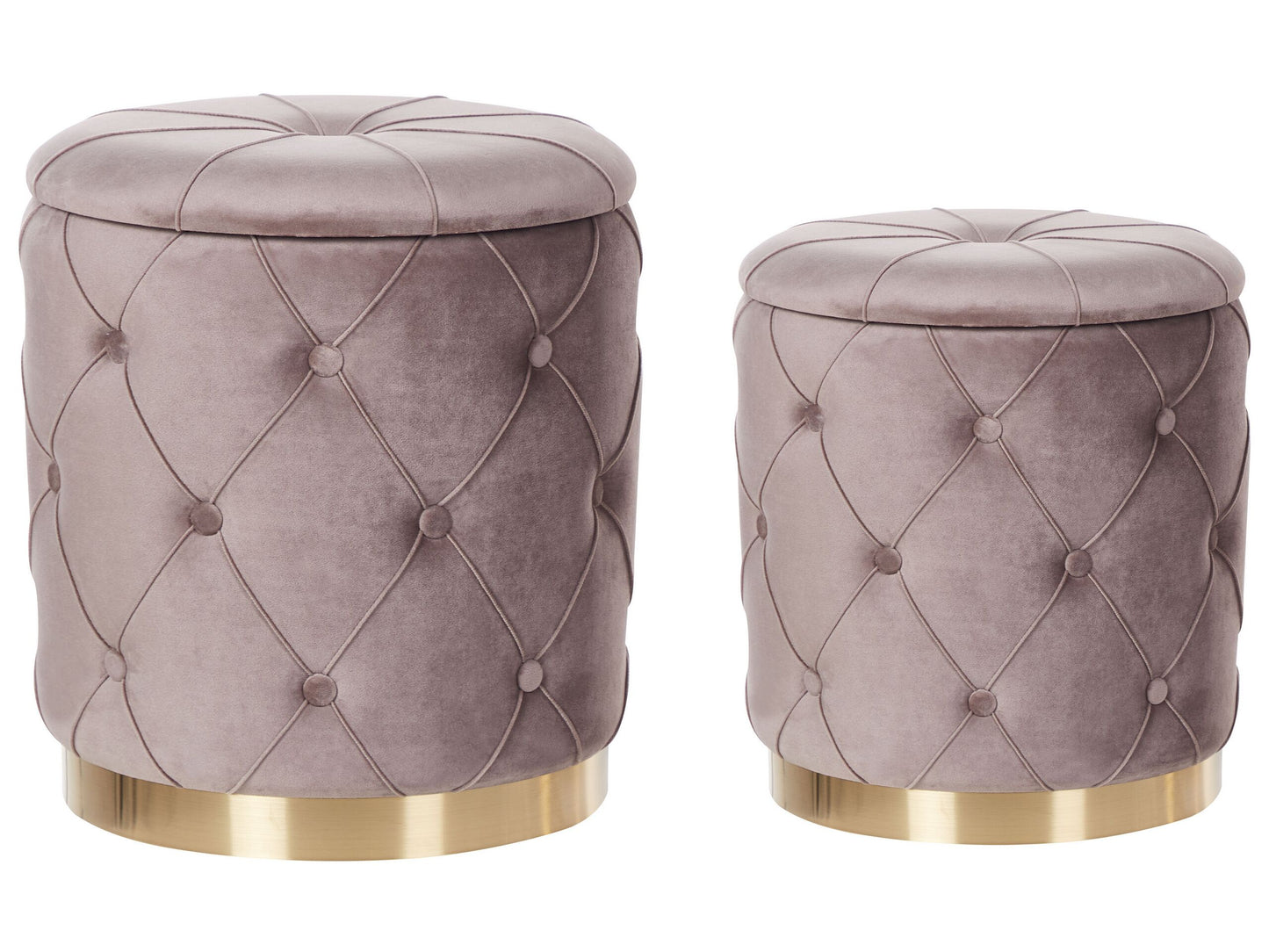 Taupe Storage Pouffes With Button Tufting And Golden Base