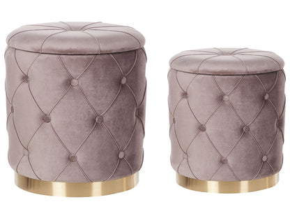 Taupe Storage Pouffes With Button Tufting And Golden Base