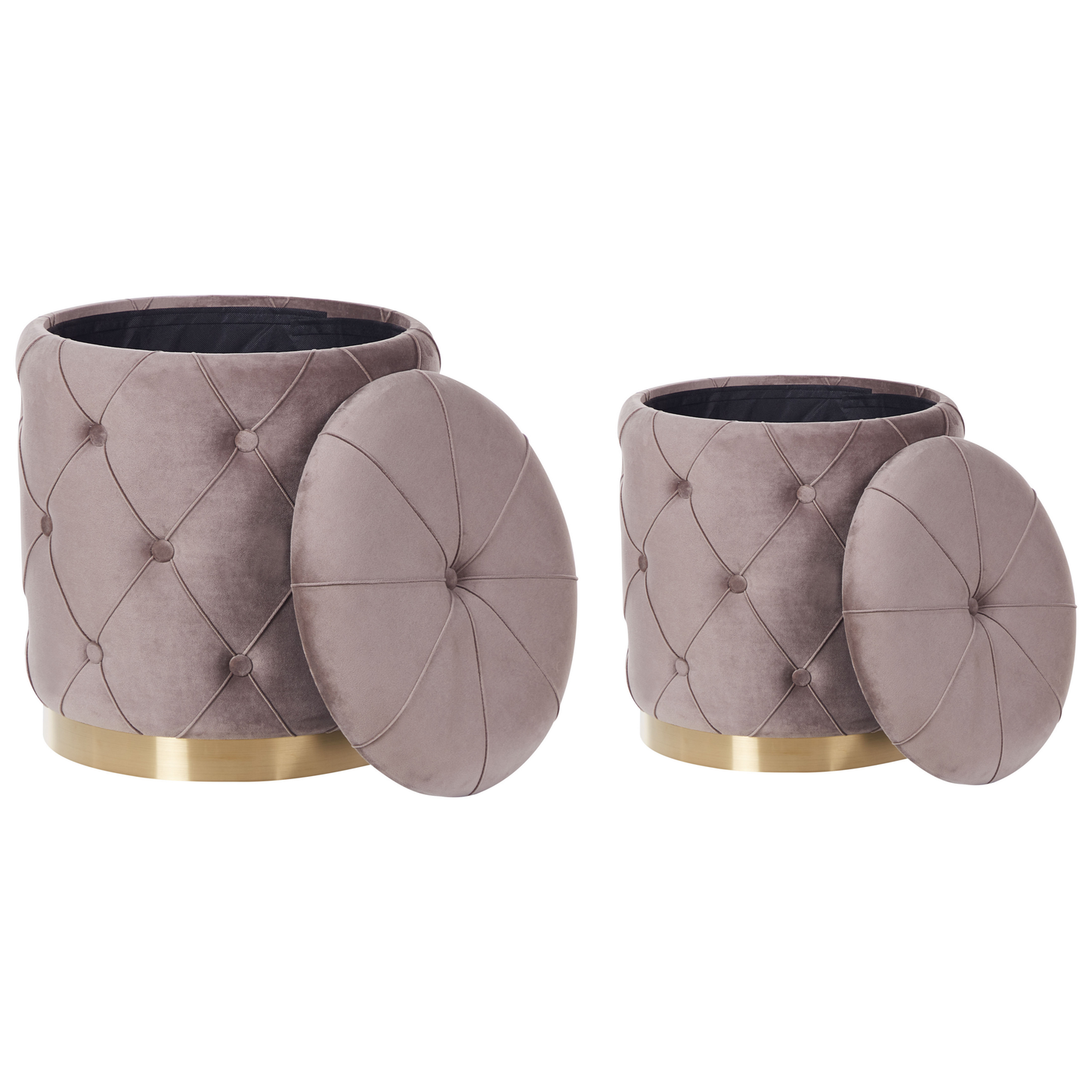 Taupe Storage Pouffes With Button Tufting And Golden Base