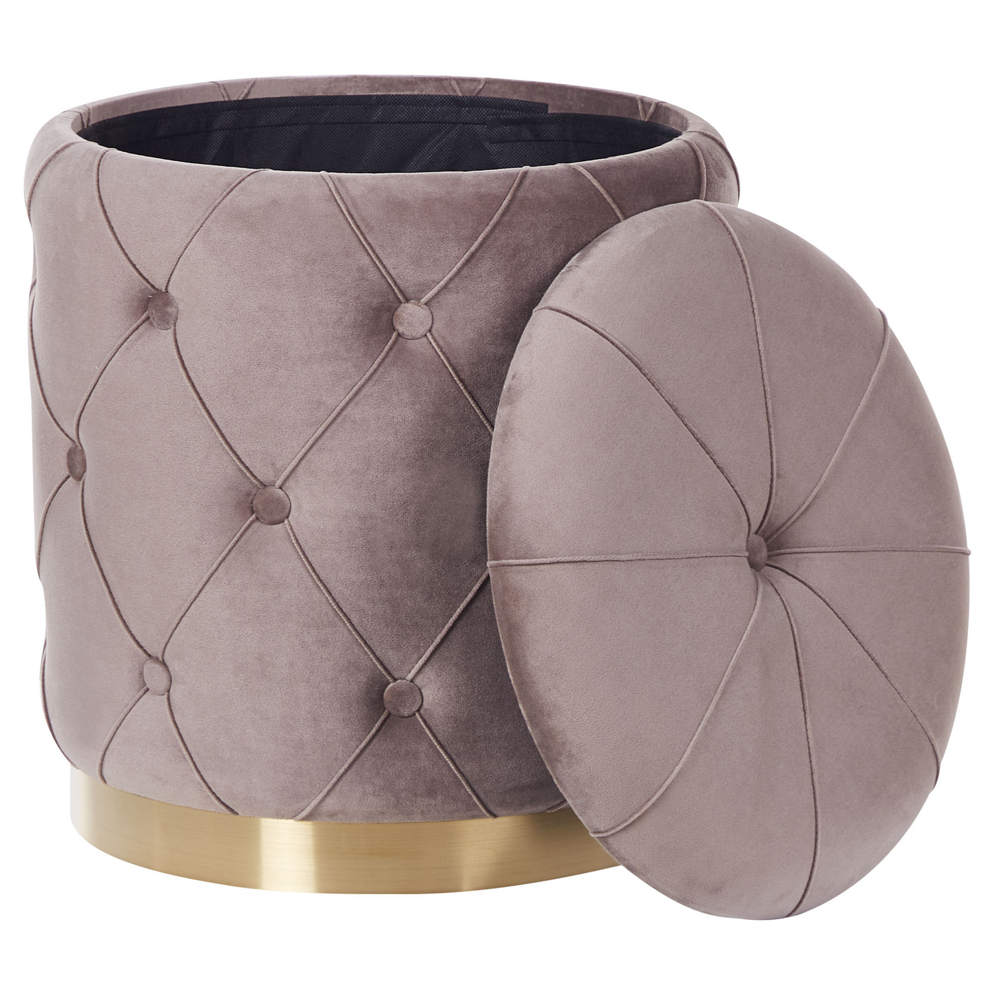 Taupe Storage Pouffes With Button Tufting And Golden Base
